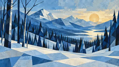 Winter forest rendered as layered blue planes – jewel-tone geometric modernism Frame TV art