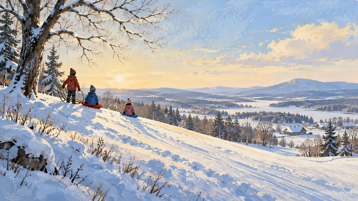 Sledding hill with children at a distance – storybook gouache Samsung Frame TV art, 4K