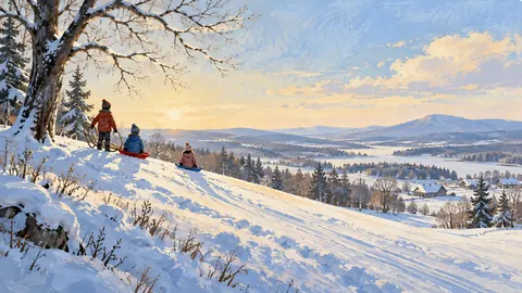 Sledding hill with children at a distance – storybook gouache Frame TV art