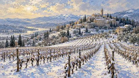 Snowy vineyard rows below a winter hill town – impressionist oil painting Frame TV art