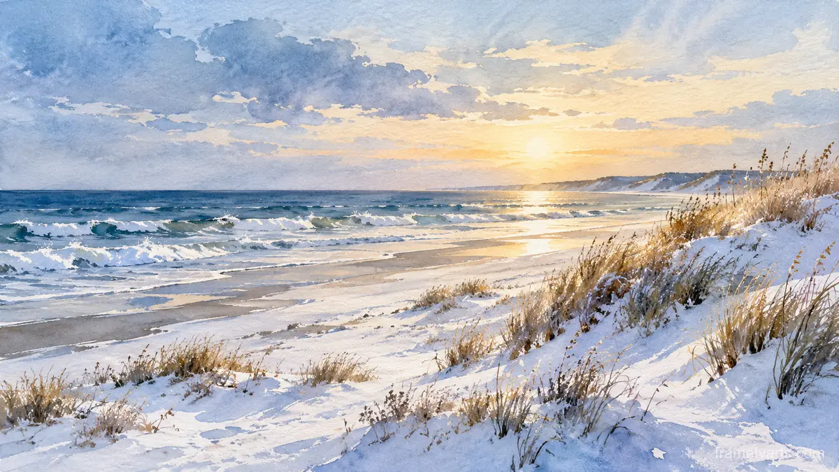 Winter beach with snow on the dunes – loose watercolor Samsung Frame TV art, 4K