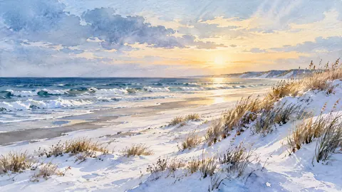 Winter beach with snow on the dunes – loose watercolor Frame TV art