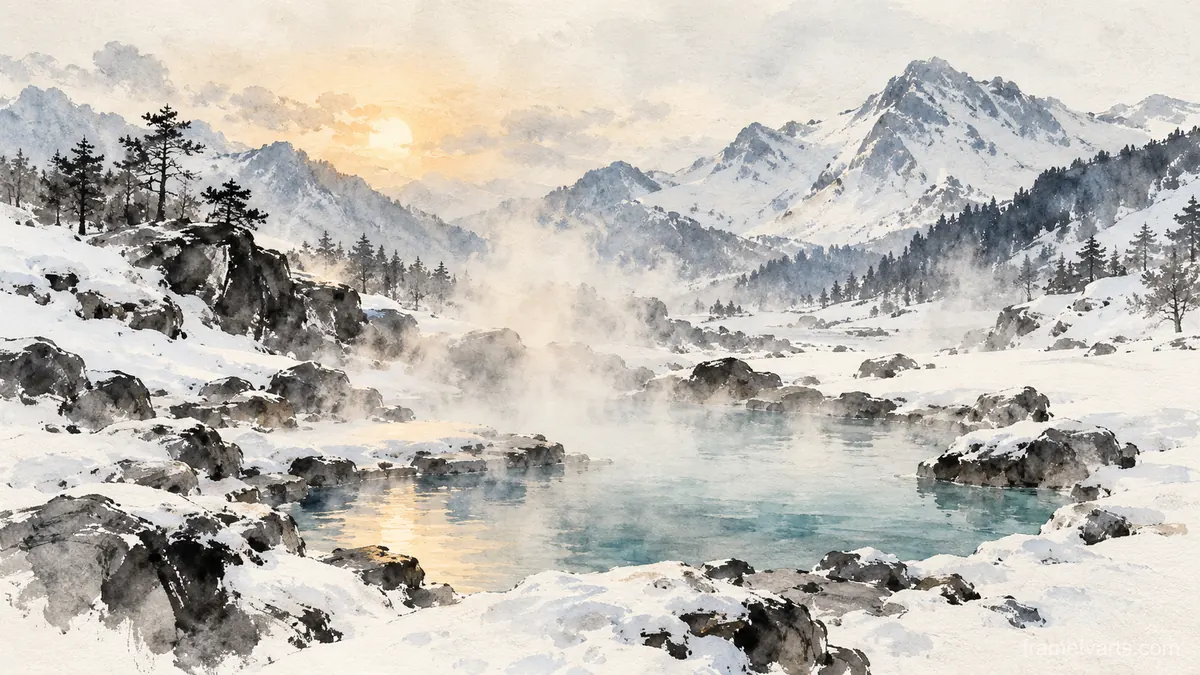 Steaming thermal pool in a snowy valley – zen sumi-e ink wash Samsung Frame TV art, 4K