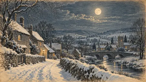 Moonlit snow on a quiet village lane – vintage plate engraving Frame TV art