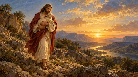Jesus carrying a lost lamb across rocky hills – classical devotional oil painting Frame TV art