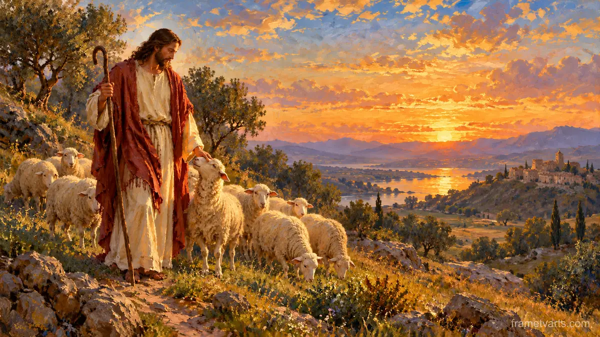 Jesus the Good Shepherd with his flock at sunset – impressionist oil painting Samsung Frame TV art, 4K