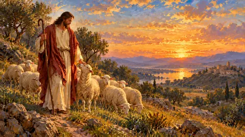 Jesus the Good Shepherd with his flock at sunset – impressionist oil painting Frame TV art