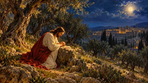 Jesus praying alone in a garden of olive trees at night – classical devotional oil painting Frame TV art