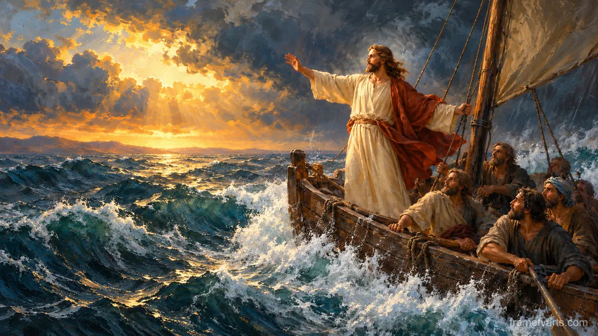 Jesus calming the storm from a fishing boat – atmospheric oil painting Samsung Frame TV art, 4K