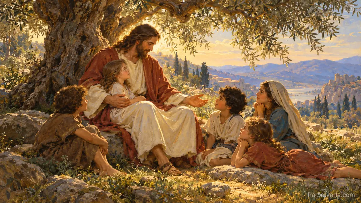 Jesus welcoming children under an olive tree – classical devotional oil painting Samsung Frame TV art, 4K