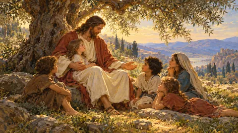 Jesus welcoming children under an olive tree – classical devotional oil painting Frame TV art