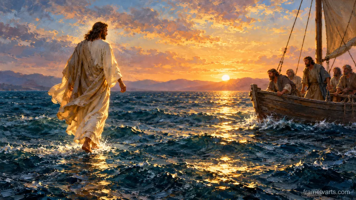 Jesus walking on water toward a small boat at dawn – tonal oil painting Samsung Frame TV art, 4K