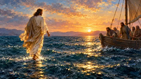 Jesus walking on water toward a small boat at dawn – tonal oil painting Frame TV art