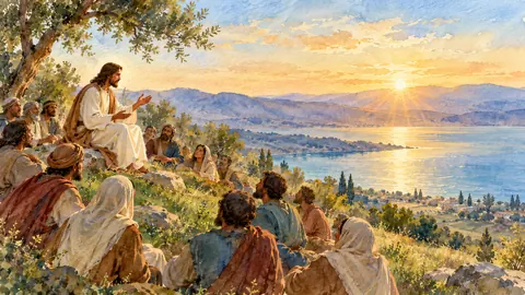 Jesus teaching a crowd on a green hillside above a lake – loose watercolor Frame TV art