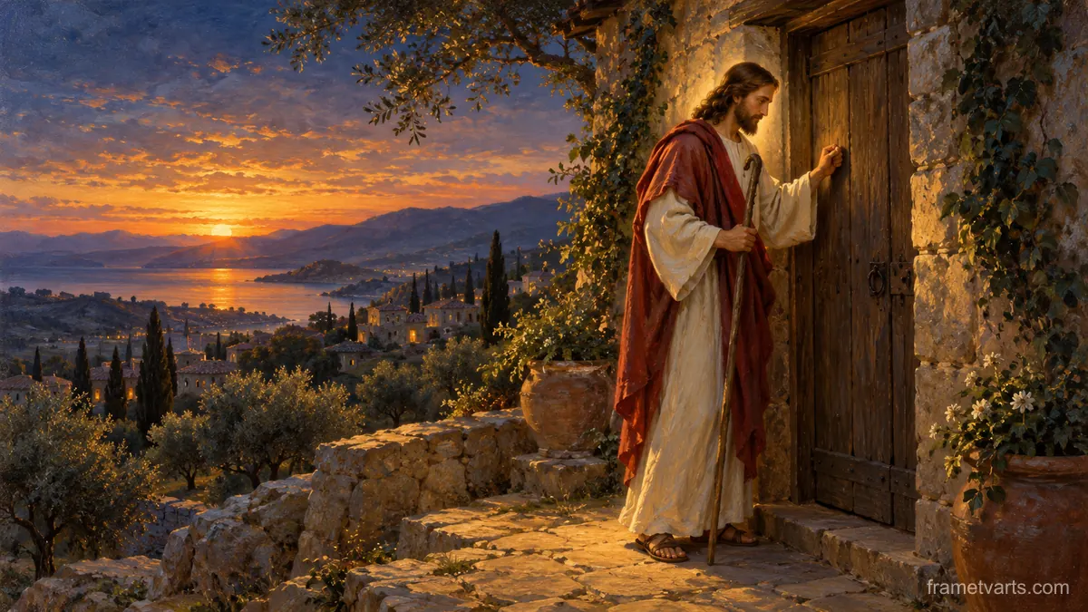 Jesus knocking at a plain wooden door at dusk – classical devotional oil painting Samsung Frame TV art, 4K