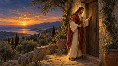 Jesus knocking at a plain wooden door at dusk – classical devotional oil painting Frame TV art