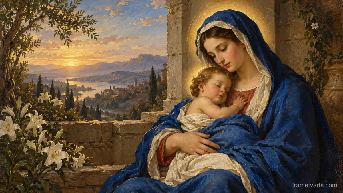 Mary holding the infant Jesus in blue robes – classical devotional oil painting Samsung Frame TV art, 4K