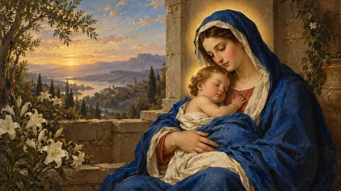 Mary holding the infant Jesus in blue robes – classical devotional oil painting Frame TV art