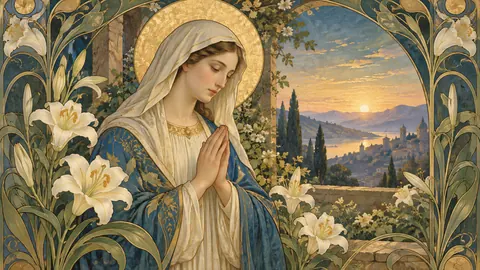 Mary in quiet prayer with lilies – decorative art nouveau painting Frame TV art