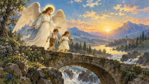 Guardian angel watching over two children on a bridge – storybook gouache Frame TV art