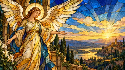 Angel with outstretched wings in golden light – luminous stained glass design Frame TV art
