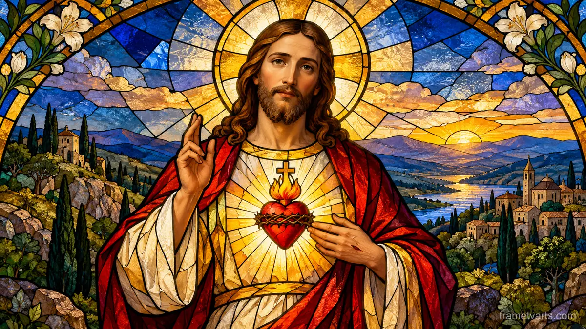 Sacred Heart in luminous stained glass – luminous stained glass design Samsung Frame TV art, 4K