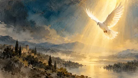Dove descending in a beam of light – minimal ink and wash Frame TV art