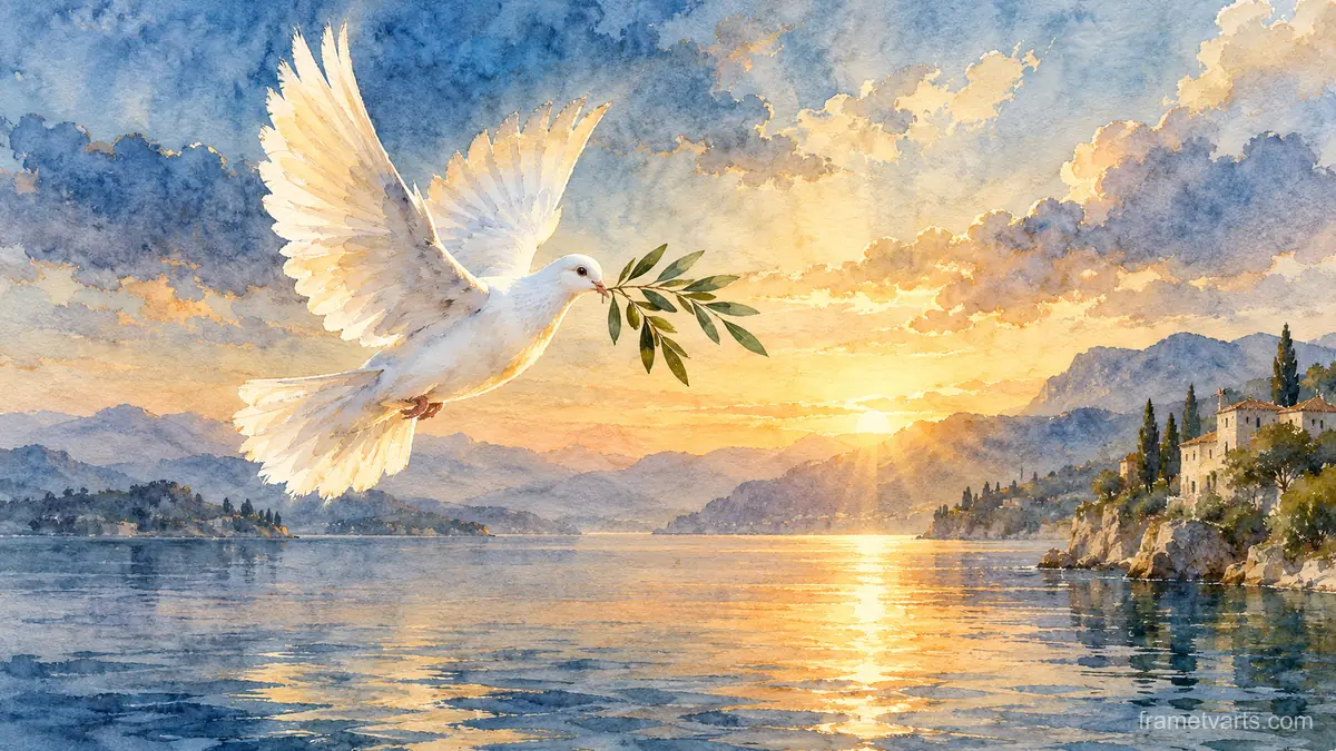Dove with an olive branch over calm water – elegant watercolor Samsung Frame TV art, 4K