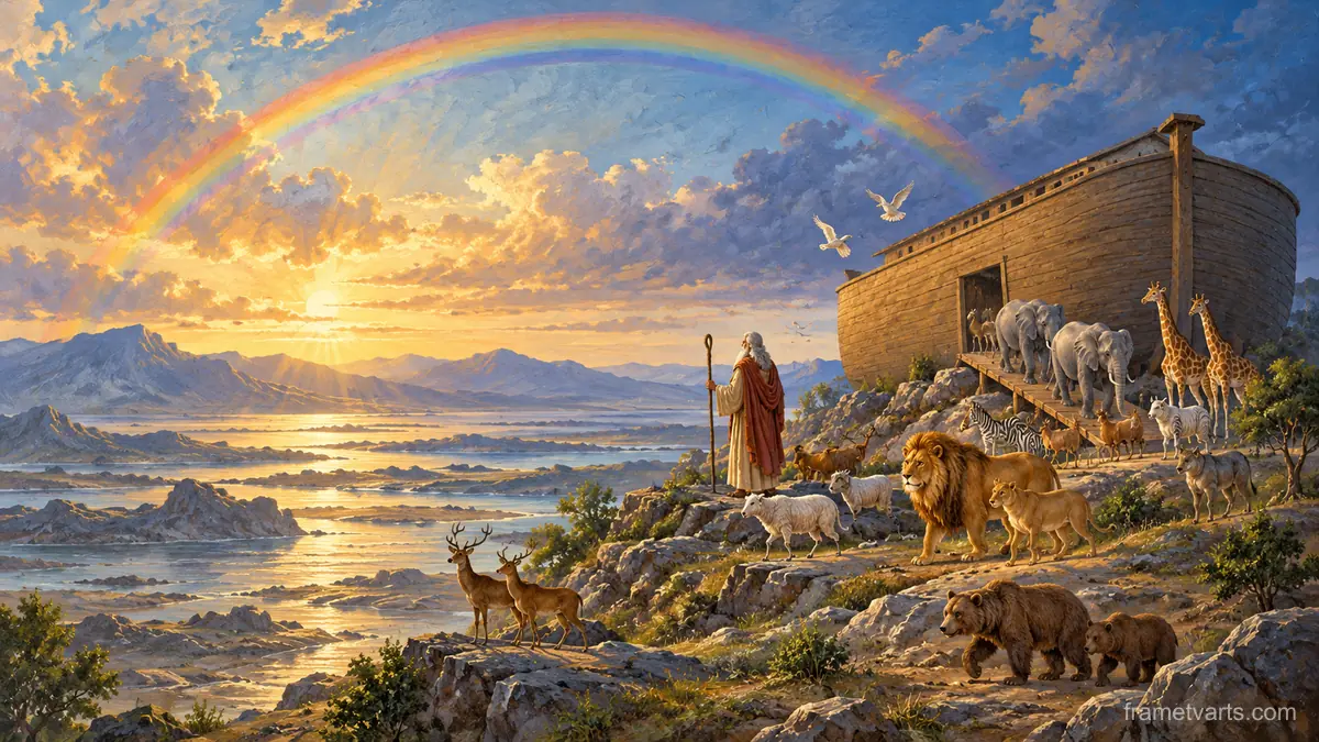 Noah's ark and a rainbow over receding water – storybook gouache Samsung Frame TV art, 4K