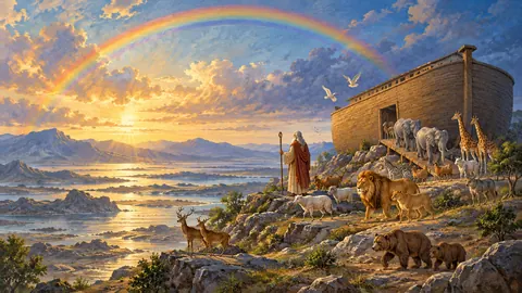 Noah's ark and a rainbow over receding water – storybook gouache Frame TV art