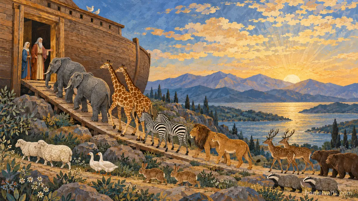 Animals entering an ark two by two – decorative folk gouache Samsung Frame TV art, 4K