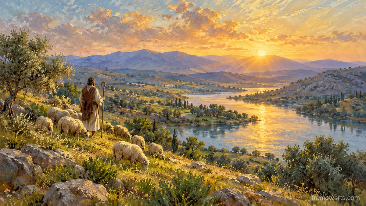 Still waters and green pastures with a single shepherd – impressionist oil painting Samsung Frame TV art, 4K