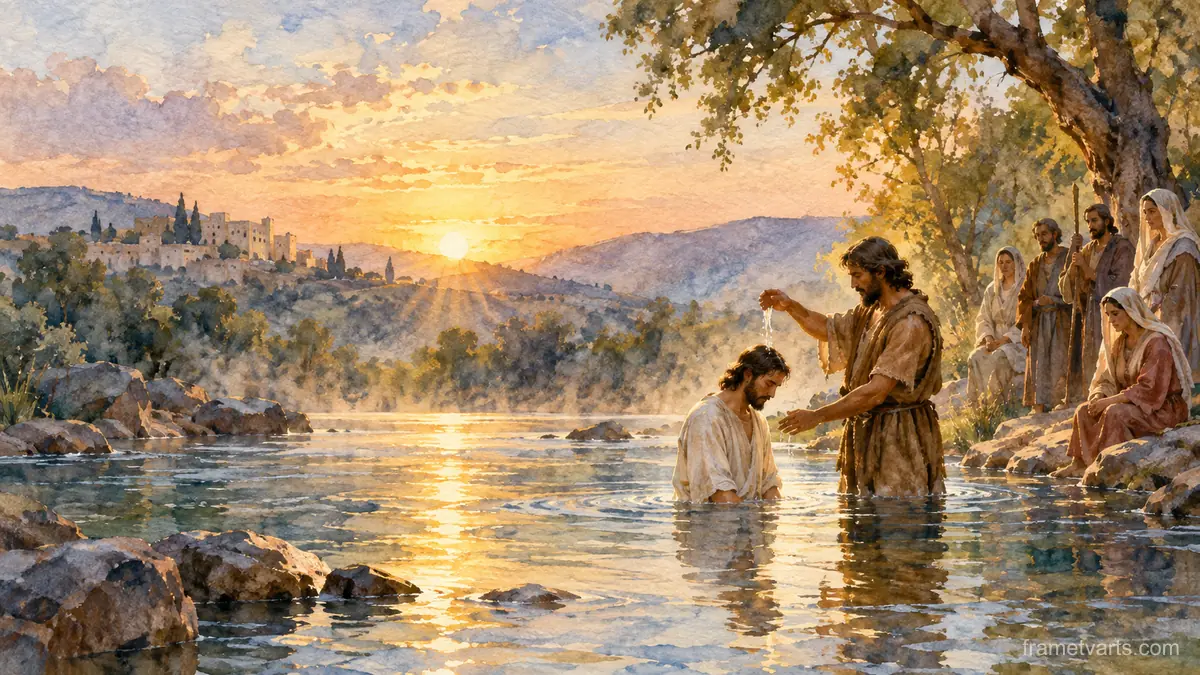 Quiet riverside where a baptism takes place at dawn – loose watercolor Samsung Frame TV art, 4K