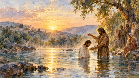 Quiet riverside where a baptism takes place at dawn – loose watercolor Frame TV art
