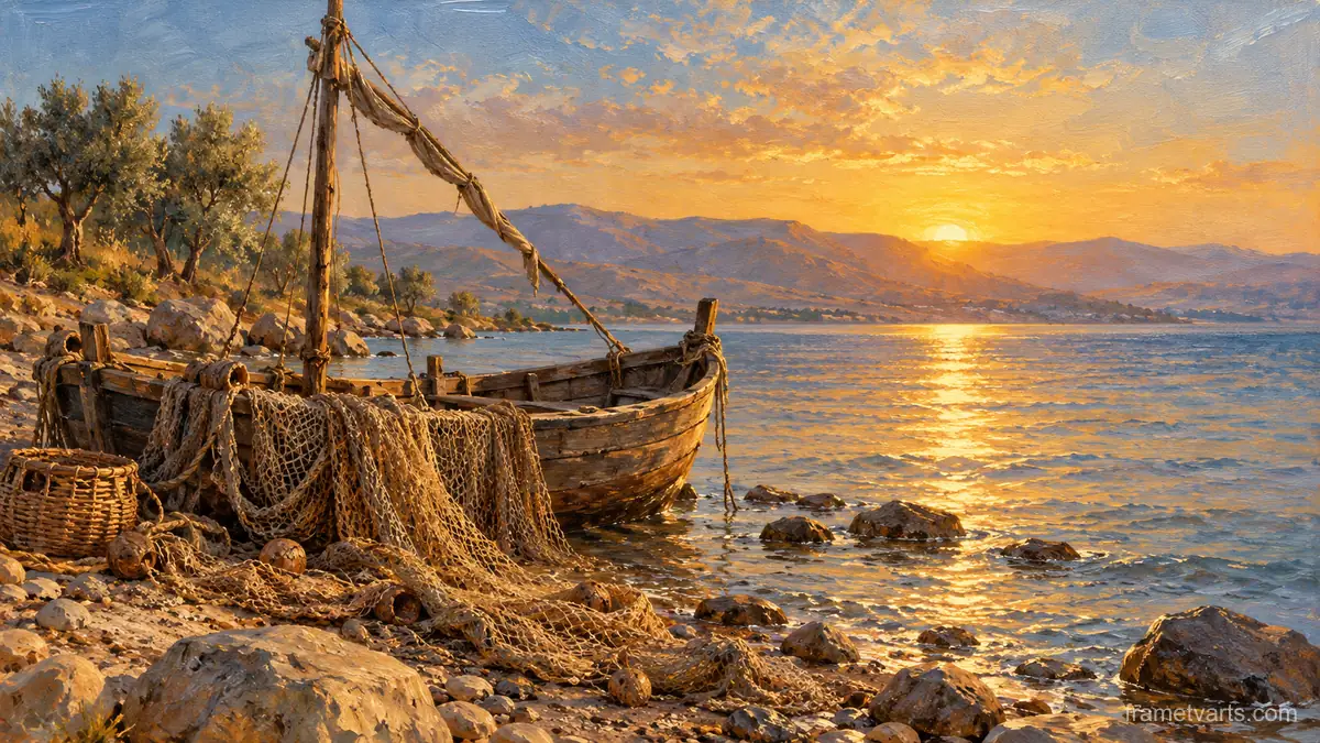 Fishing nets and a wooden boat on the Sea of Galilee shore – tonal oil painting Samsung Frame TV art, 4K