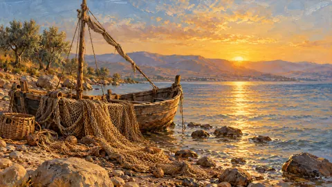 Fishing nets and a wooden boat on the Sea of Galilee shore – tonal oil painting Frame TV art
