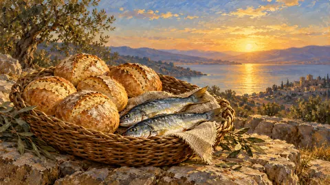 Five loaves and two fish in a woven basket – tonal oil painting Frame TV art