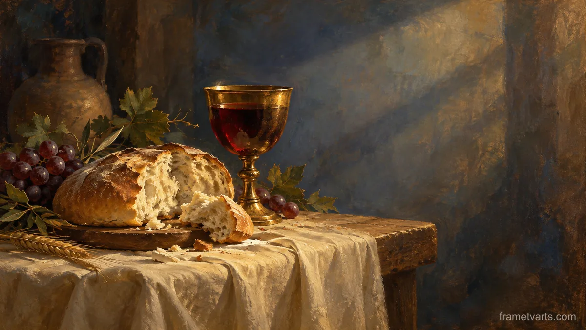 Bread and a cup of wine on a linen-covered table – classical devotional oil painting Samsung Frame TV art, 4K