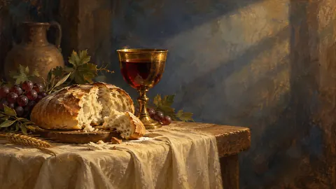 Bread and a cup of wine on a linen-covered table – classical devotional oil painting Frame TV art