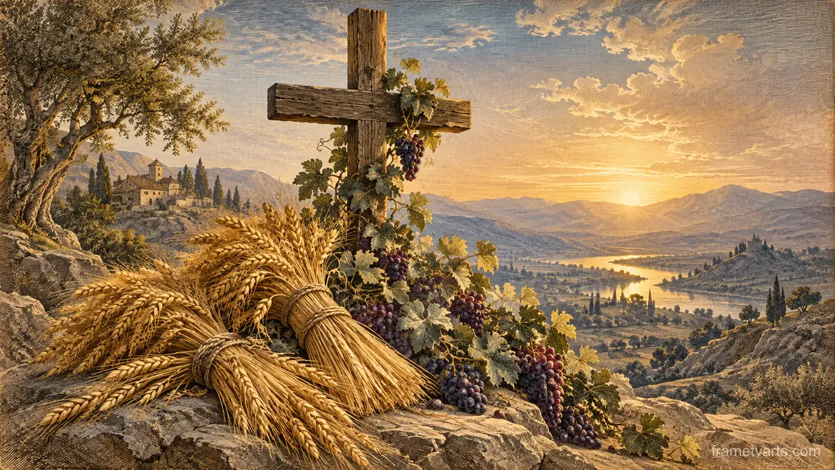 Wheat sheaves and grapevines around a simple cross – vintage plate engraving Samsung Frame TV art, 4K