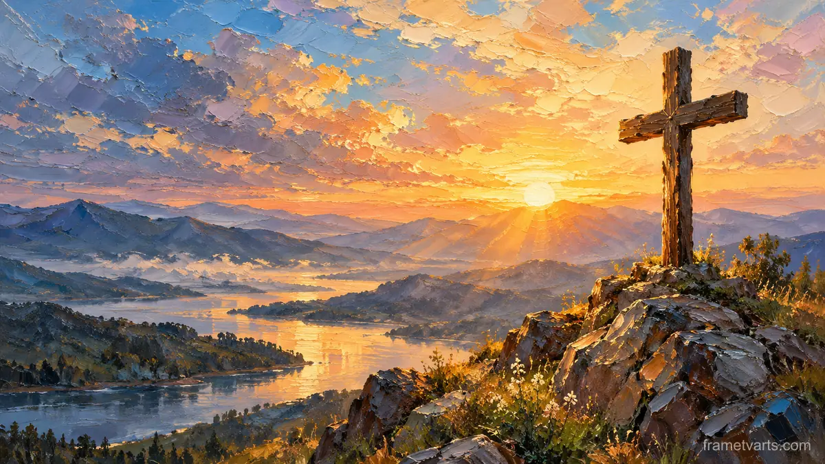 Wooden cross on a hilltop at sunrise – expressive palette-knife painting Samsung Frame TV art, 4K