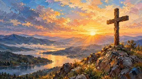 Wooden cross on a hilltop at sunrise – expressive palette-knife painting Frame TV art