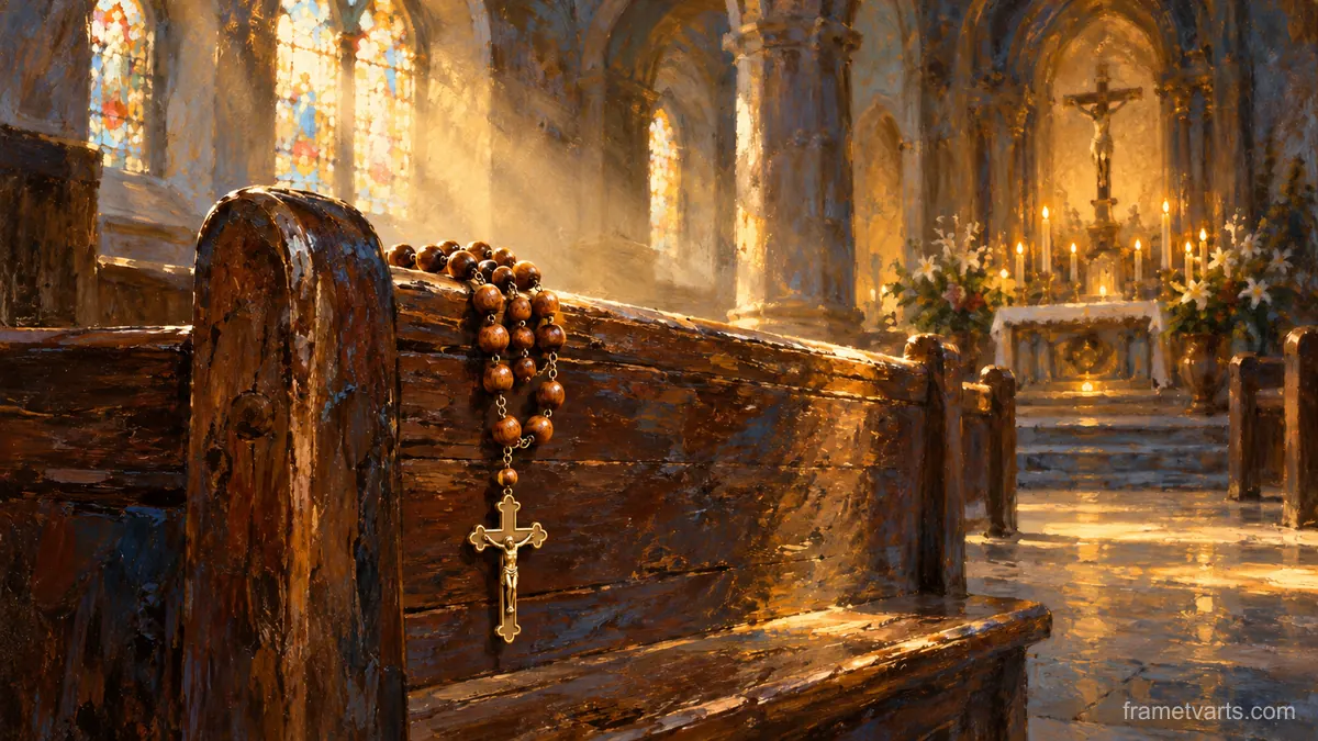 Rosary draped over a worn wooden pew – tonal oil painting Samsung Frame TV art, 4K
