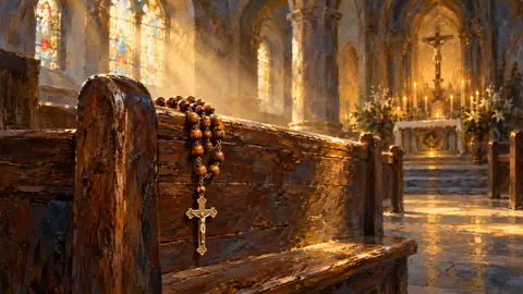 Rosary draped over a worn wooden pew – tonal oil painting Frame TV art