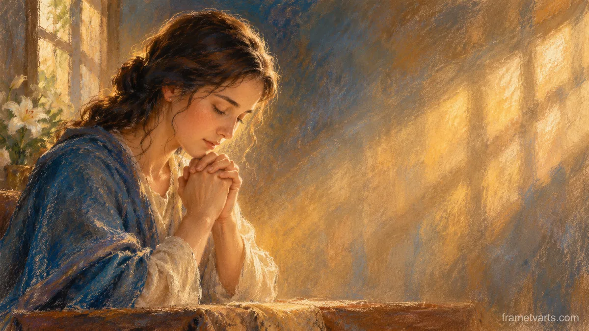 Hands folded in prayer in soft window light – chalk pastel study Samsung Frame TV art, 4K
