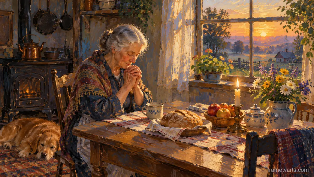 Grandmother praying at a kitchen table at dawn – impressionist oil painting Samsung Frame TV art, 4K