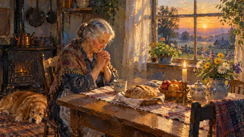 Grandmother praying at a kitchen table at dawn – impressionist oil painting Frame TV art