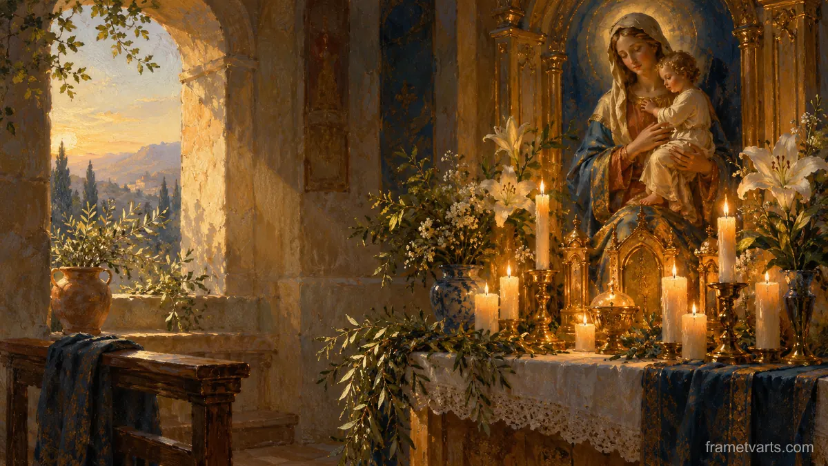 Candles burning before a side altar – atmospheric oil painting Samsung Frame TV art, 4K