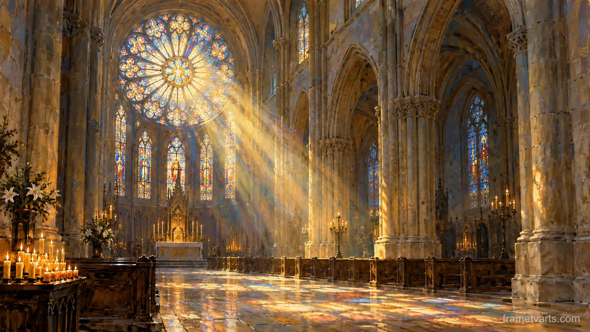 Light pouring through a rose window into a stone nave – atmospheric oil painting Samsung Frame TV art, 4K
