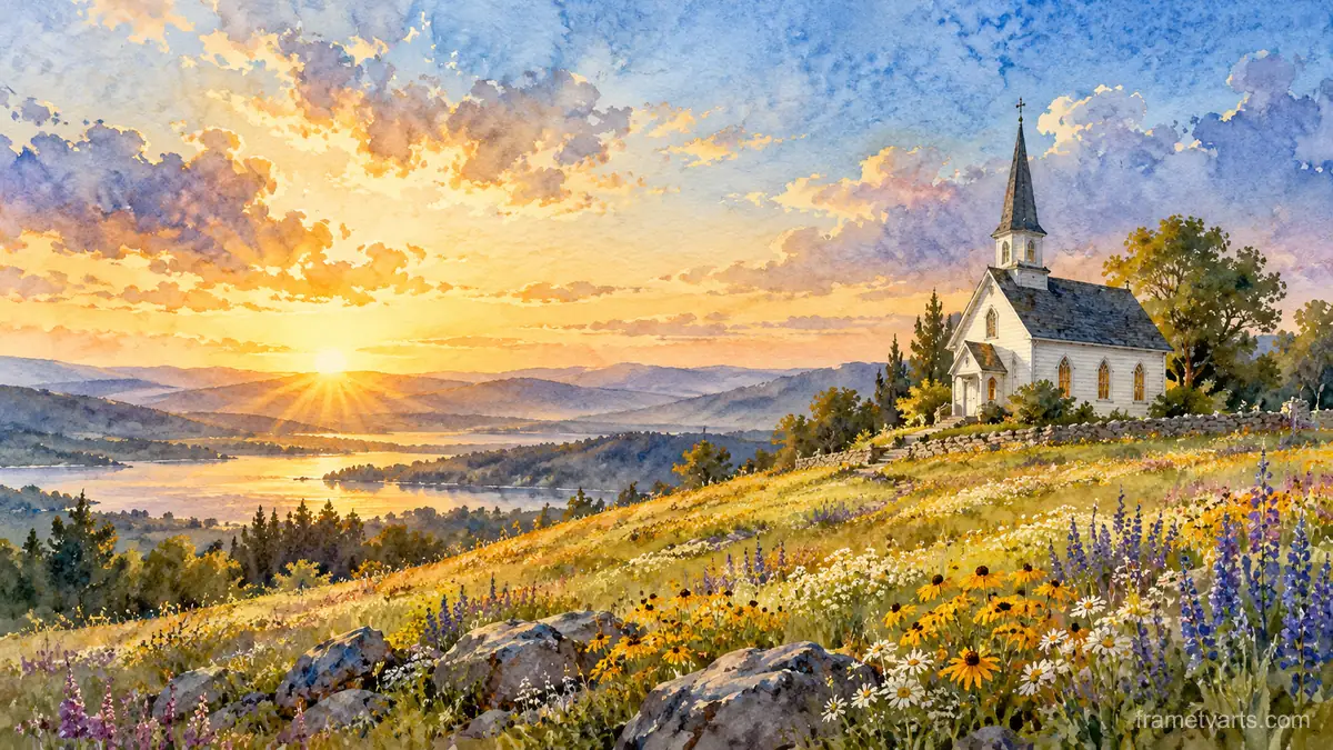White country church on a hill of wildflowers – loose watercolor Samsung Frame TV art, 4K